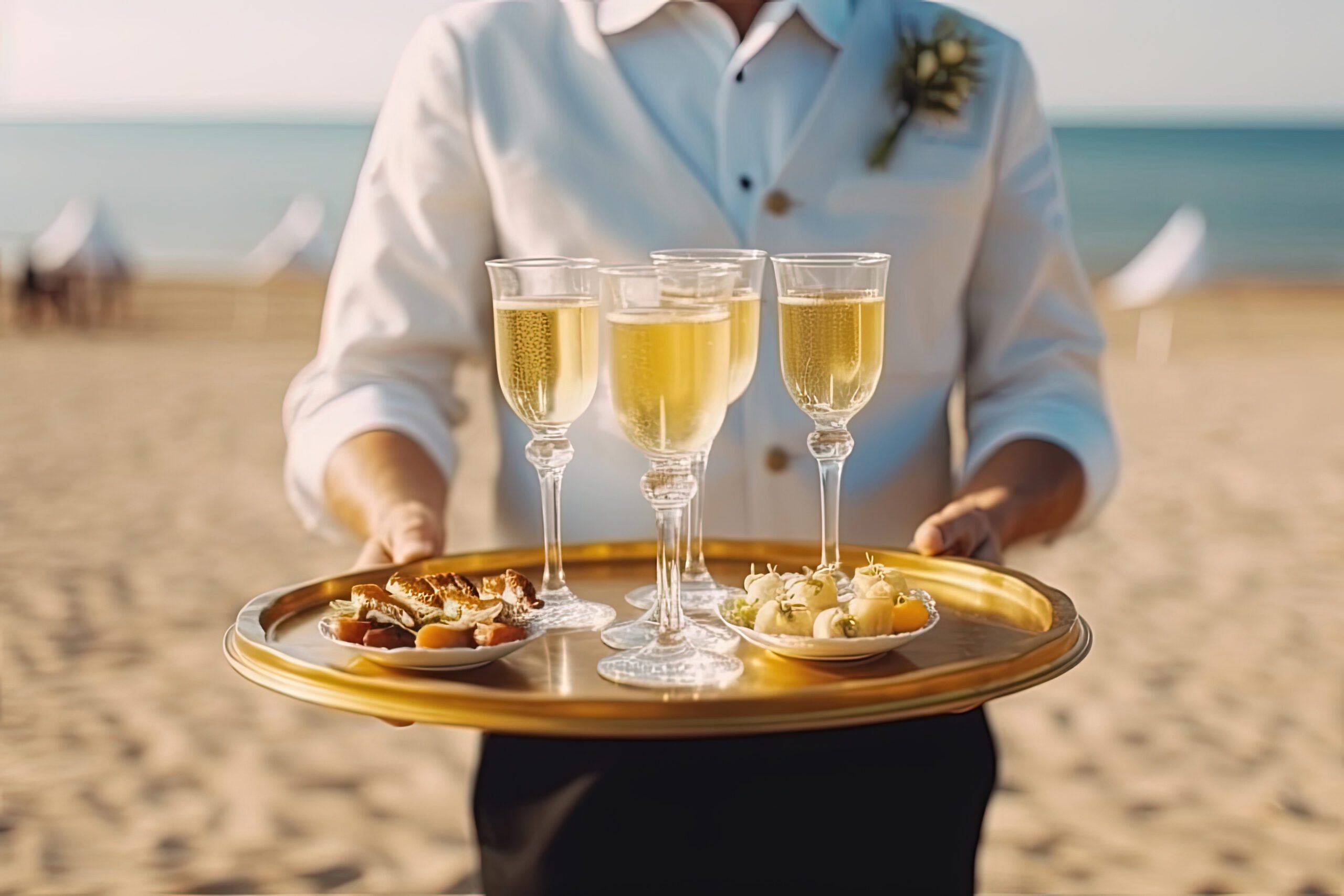 Waiter at a party, carrying a tray with champagne or wine glasses. Outdoor wedding, party on the beach, Waitress carrying wine on a tray at the beach