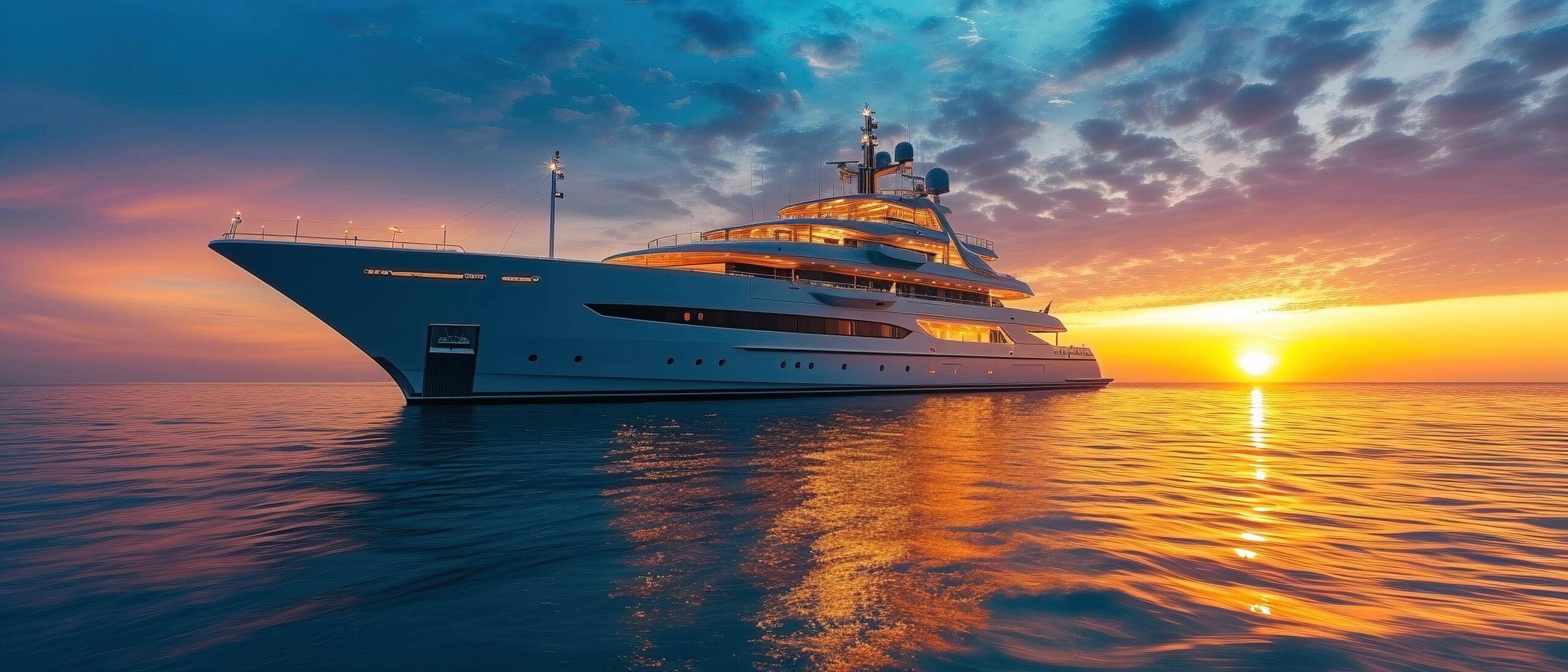 Luxury superyacht, megayacht at sunset Luxury superyacht, megayacht at sunset